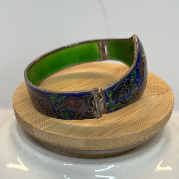 Rajasthani sterling silver coloured enamel elephant hinged cuff bracelet VNTG. - Picture 5 of 10